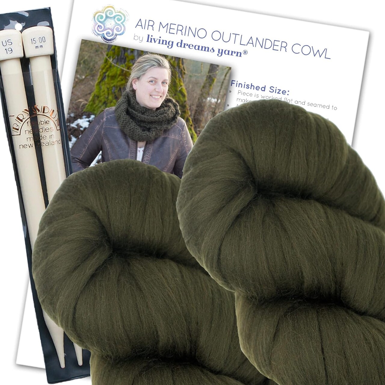 Merino Cowl Knitting Kit: Soft and Thick #7 Weight Jumbo Yarn, Knitting Needles and Pattern. Beginner. Everything Included, Great for Gifts
